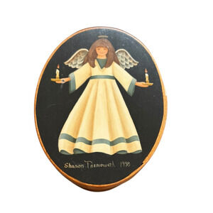 Vintage Wooden Shaker Box Hand Painted Folk Art Angel Candle Holiday 1998
